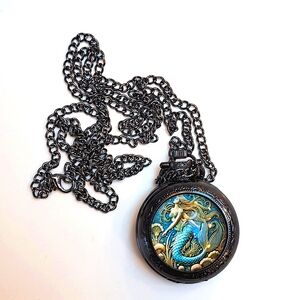 NIP Mermaid Pocket Watch Black-Bronze Finish Long Chain